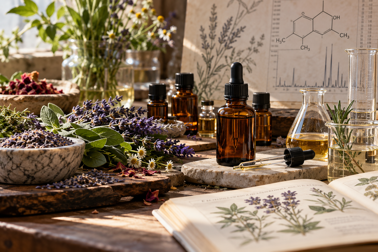 Botanical formulation workspace with essential oils, plant materials, glassware, and botanical references