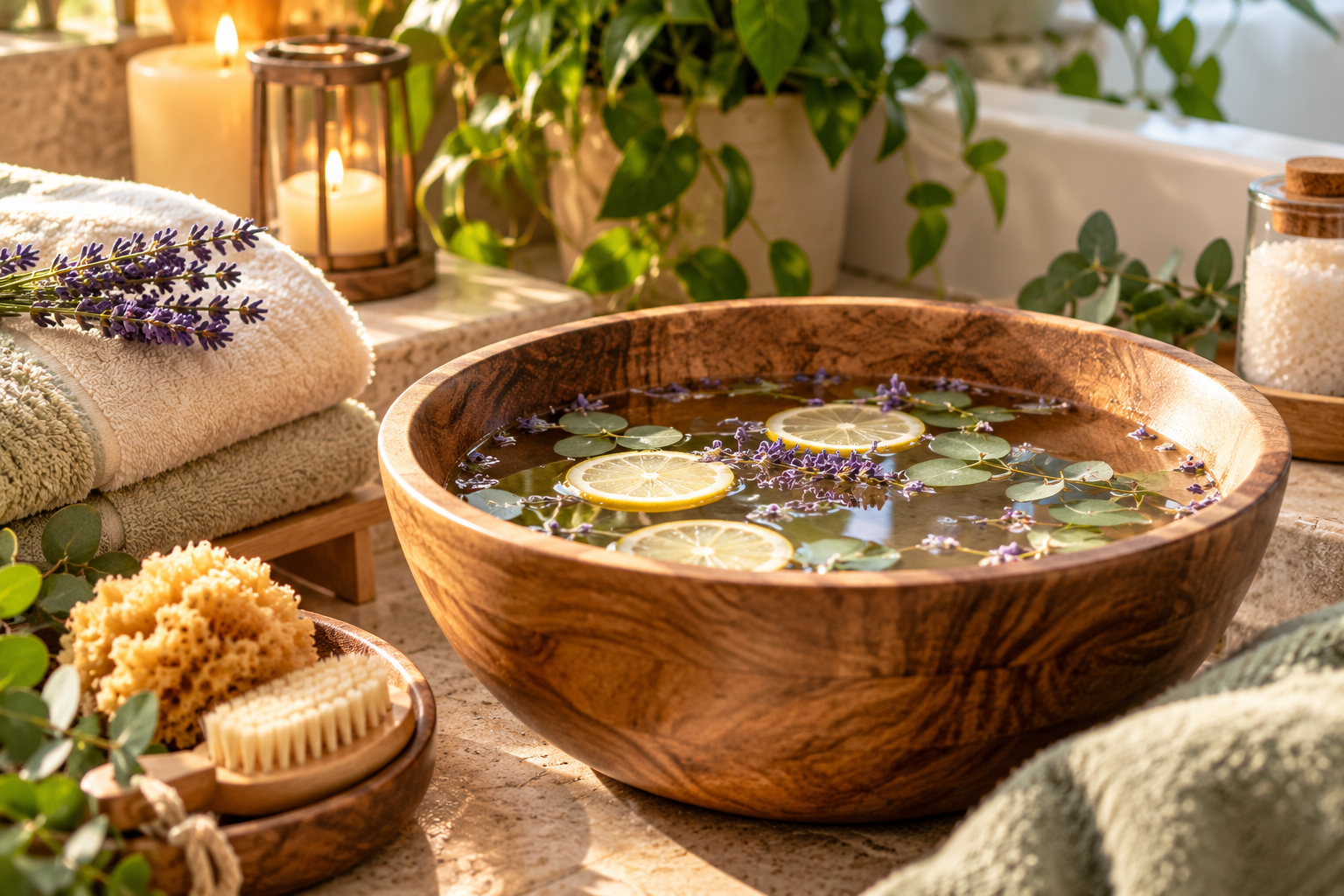 Warm botanical foot soak prepared in a wooden basin