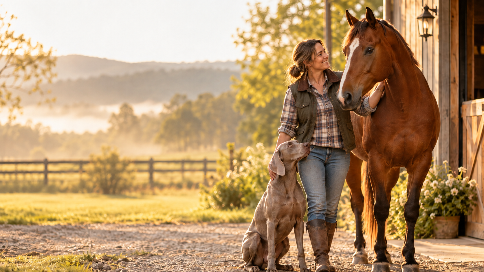 Woman with horse and dog in a warm outdoor barn setting